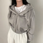 Hoodies Female Vintage Solid Short Long Sleeve Loose Jacket Coats Casual Zip Up Hooded Sweatshirts KilyClothing
