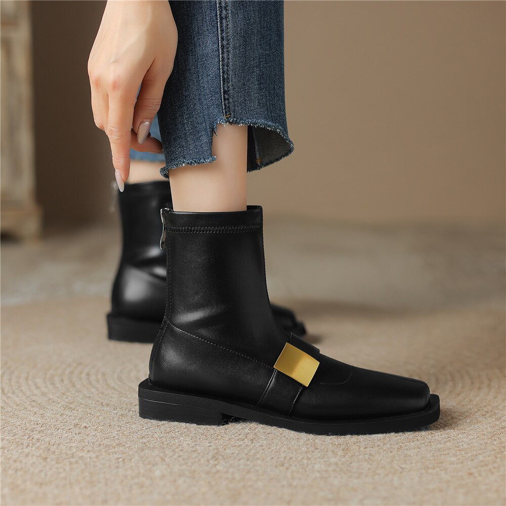 Ankle Boots Concise Low Heels Metal Decoration Genuine Leather Shoes KilyClothing