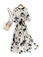 100%Mulberry Silk Elegant Party Dress, Women's temperament Short Sleeve, Floral Print Dresses for Spring Summer KilyClothing