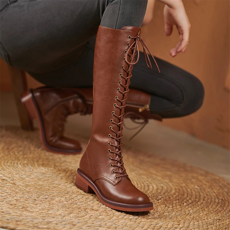 Women Genuine Leather Knee High Boots Round Toe Flat Platform Zipper Lace-up Boot Ladies Shoes Autumn Winter Black 42