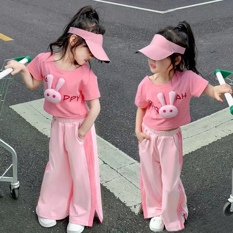 Conjunto de Tops + Pantalones de pierna ancha, color rosa para niñas, de manga corta de verano para niños, trajes, 2 piezas, trajes de moda para niños de 1 a 6 años