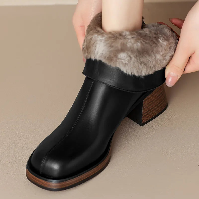 Women Snow Ankle Boots Outdoor Winter Wool Office Ladies Thick Heels Genuine Leather Back Zipper Shoes Woman