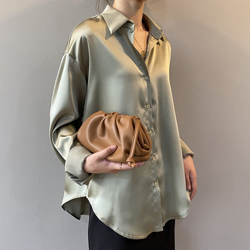 Button Up Satin Silk Shirt Vintage Blouse Women  Long Sleeves Female Loose Street Shirts KilyClothing