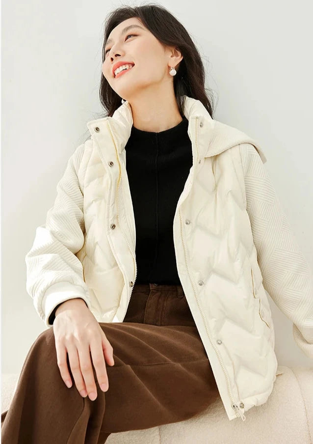 Woman's Short Spliced Turtleneck Down Coats with White Duck Down Ultra Thickened Warm Windproof Jacket