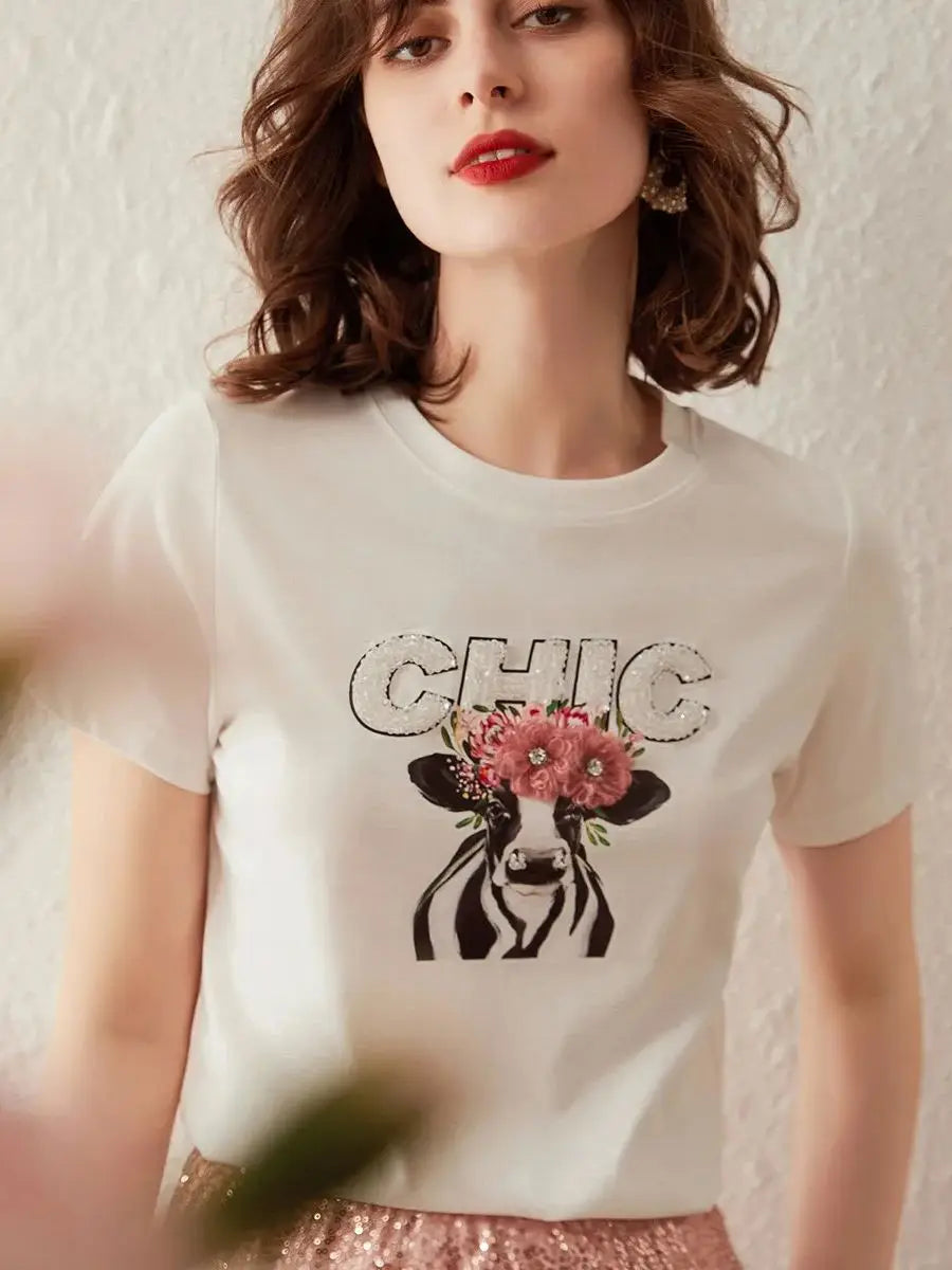 Camiseta de mujer con cuello redondo y manga corta, camiseta informal elegante con cuentas y letras estampadas en 3D para mujer