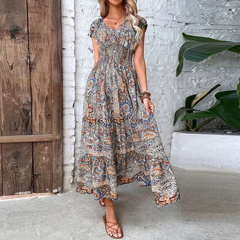 Vintage Print Long DressSexy V Neck Short Sleeve A-line Dress Female Elegant Elastic Waist KilyClothing