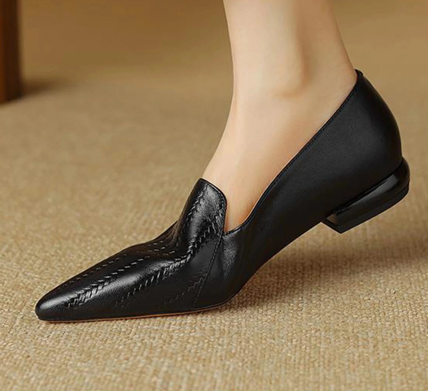 Full Grain Leather Low Heels Spring Brand Shoes Slip On Vintage Pointed Toe Women Pumps KilyClothing