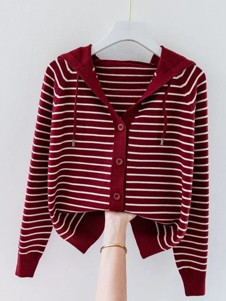 Stripe Hooded Thin Oversize 4xl Knitted Cardigan Tops KilyClothing