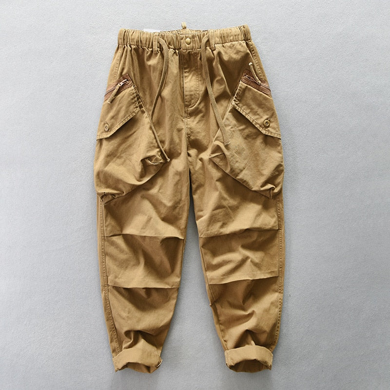 Pure Cotton Big Pocket Vintage Wide Loose Casual Pants Pleated Drawstring Cargo Trousers KilyClothing