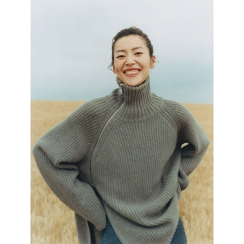 100% pure cashmere cardigan women's high neck mid-long zipper sweater loose knit coat KilyClothing