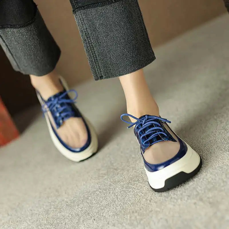 Cow Leather Platform sneakers, Lace Up Mesh Round Toe Increasing Sneakers Patchwork Shoes Women Vulcanized Shoes KilyClothing