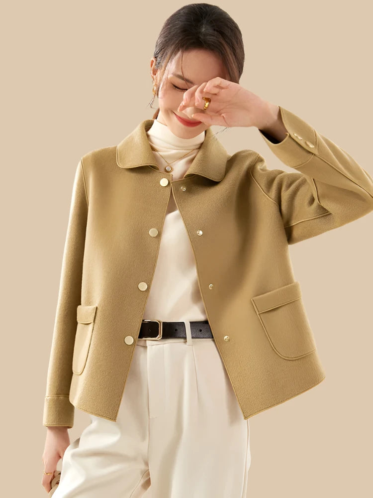 100% Wool Coat Pocket Warm Solid Office Lady Elegant Fashion Vintage Turn-down Collar Women  Coats