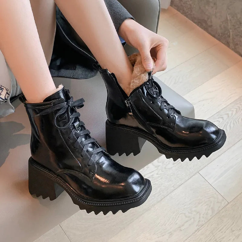 Warm Women Ankle Boots Wool Outdoor Leisure Working Short Boots Thick Heels Cross-Tied Shoes Woman