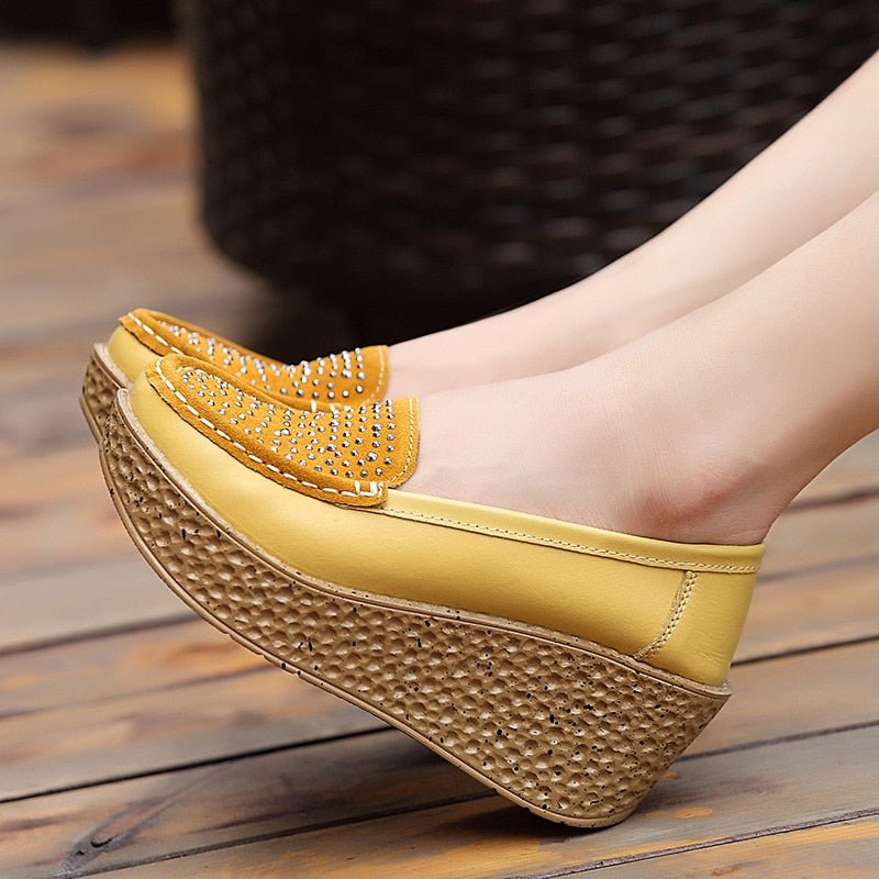 Flat Platform Shoes Ladies Genuine Leather Wedge Moccasins Loafers Slip On thick soled KilyClothing