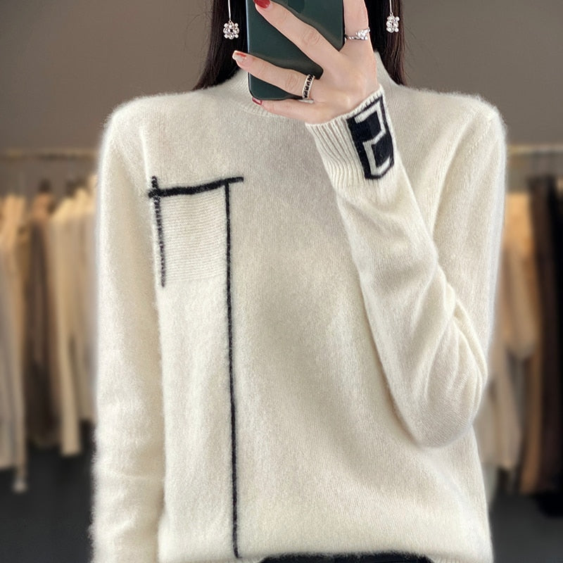 100% merino cashmere sweatersemi-turtleneck knitted pullover KilyClothing