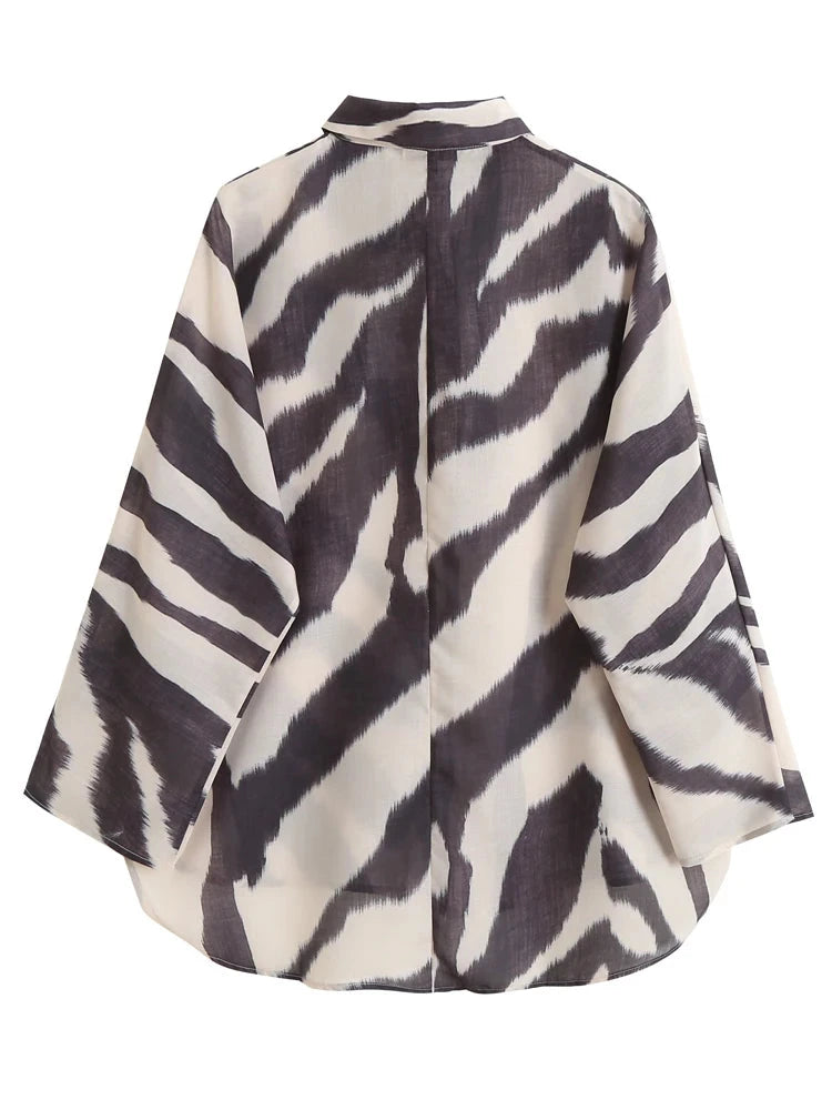 Long Sleeve Zebra Printed Shirt Woman Loose Blouses Casual Lightweight Top