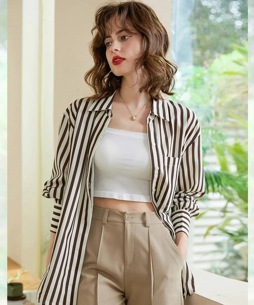 Women Turn Down Collar Blouse,  Spring Striped Shirt Loose Fit Fashion Casual Long Shirt Top