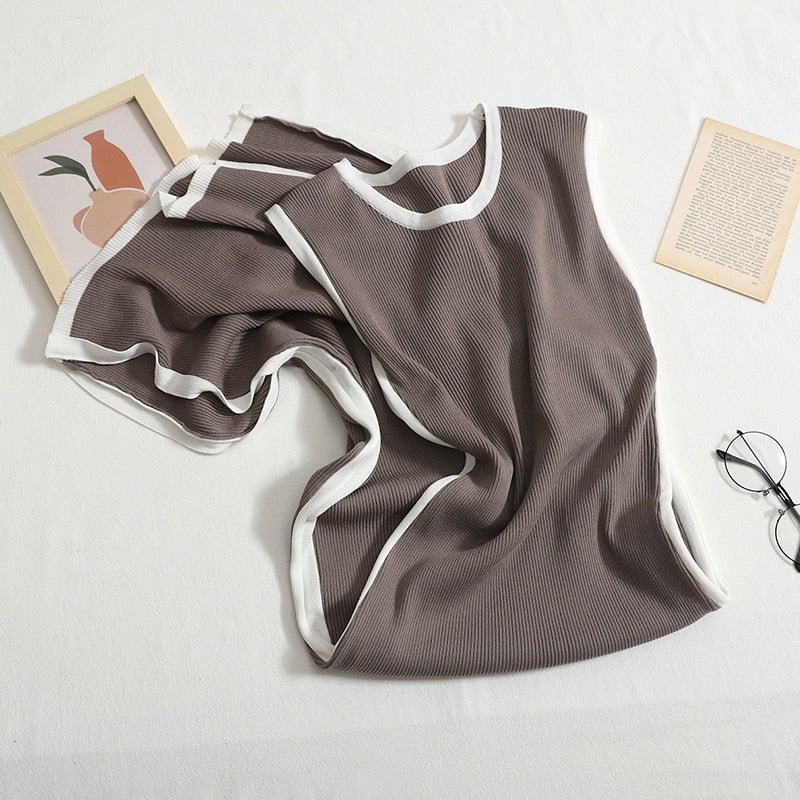Korean Contrast Color Knitted O Neck Dress /Slim Waist Slim Slit Sleeveless Vest Casual KilyClothing