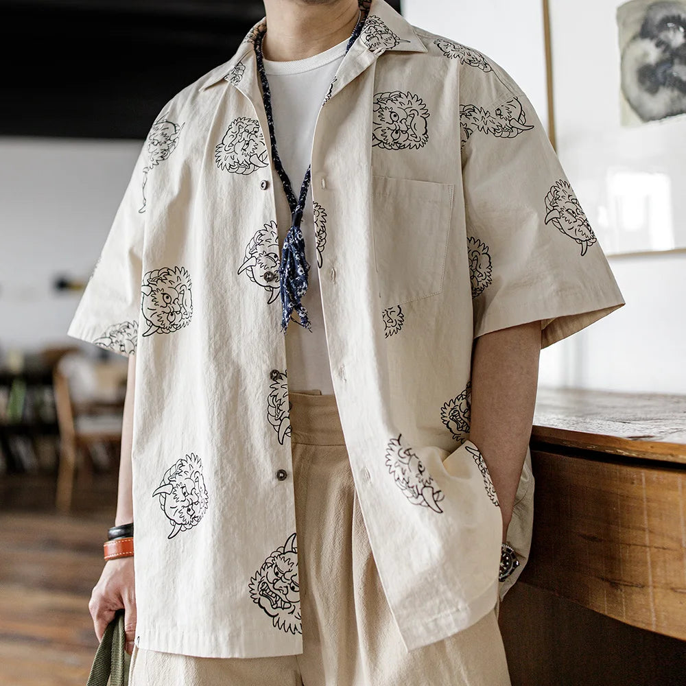 Camisas con estampado de lino vintage japonés para hombre 100% algodón manga corta suelta