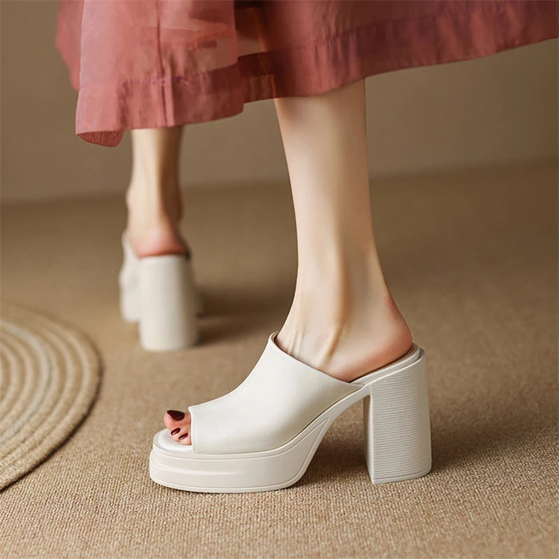 Women Genuine Leather Shoes Peep Toe Platform Chunky High Heel Slides Ladies Fashion Casual Slippers Summer Spring Brown KilyClothing
