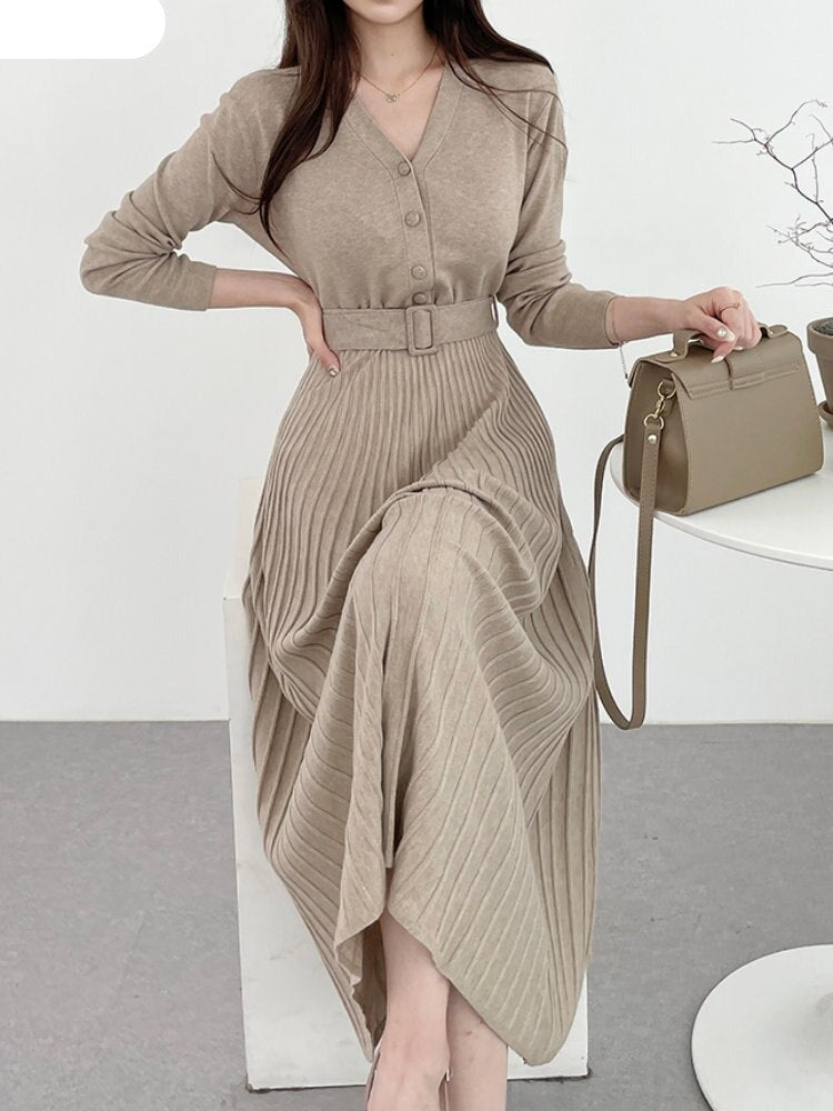 Hot Stretchy Women Knitted Sweater Pullover Dress  Basic Wear Lady Chic Korea Ruffles Knit Black Long Maxi Dress KilyClothing