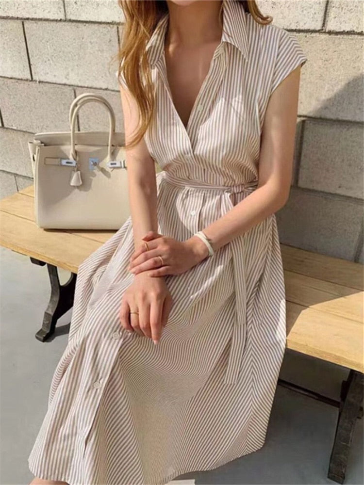 Striped Reglan Sleeve Shirt Dress Spring Summer Korean Fashion Lace Up KilyClothing