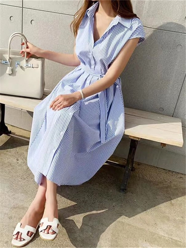 Striped Reglan Sleeve Shirt Dress Spring Summer Korean Fashion Lace Up KilyClothing
