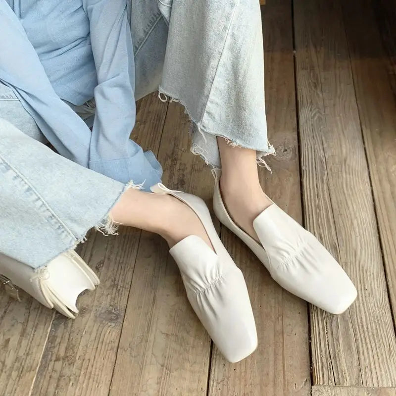 Square Toe Fold Design Fashion Genuine Leather Soft Jelly Flat Heel Shoes Lady Flats Cute Sweet Women Dance Shoes KilyClothing