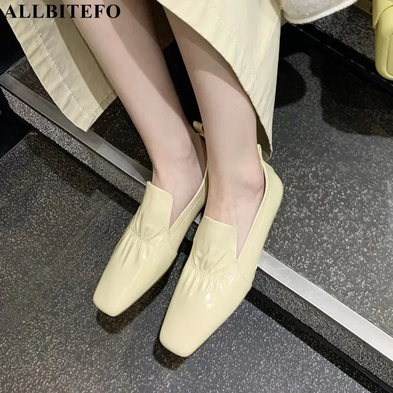 Square Toe Fold Design Fashion Genuine Leather Soft Jelly Flat Heel Shoes Lady Flats Cute Sweet Women Dance Shoes KilyClothing