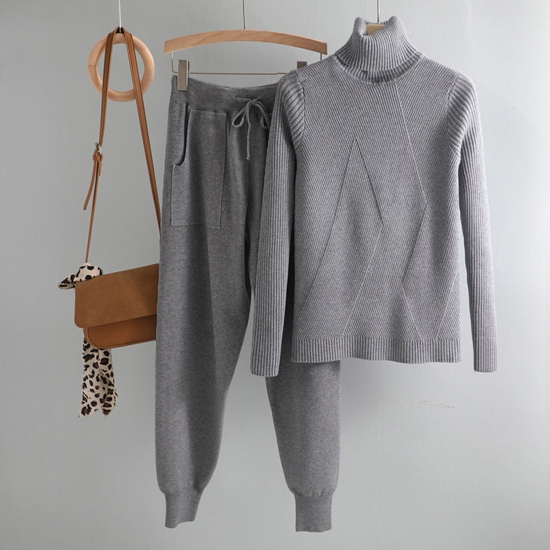 Turtleneck sweater 2 Pieces Set  chic Knitted Pullover top + Sweater pants Jumper Tops+ trousers sweater suits KilyClothing