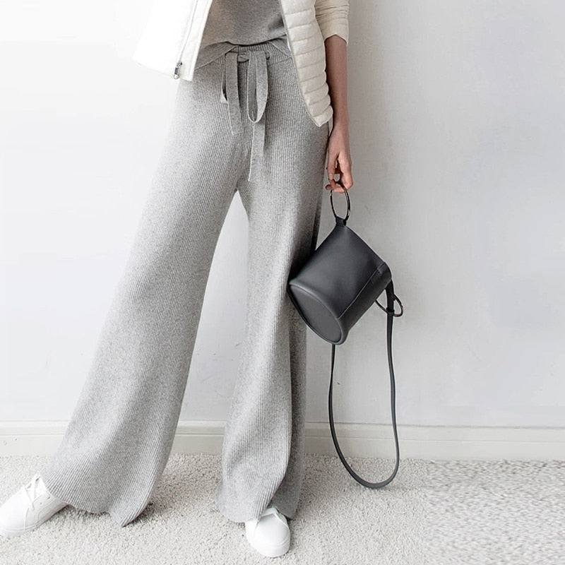 Soft Waxy Comfortable High-Waist Cashmere Knitted Trousers Casual Wide Leg Pants KilyClothing