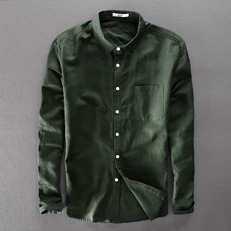 Italy style army green shirt men cotton and linen shirts long-sleeved KilyClothing