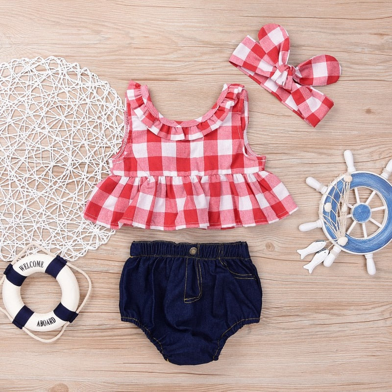 Baby Girl Casual Sport Suits Plaid Skirted T-shirt Tops+Denim Shorts Bloomers KilyClothing