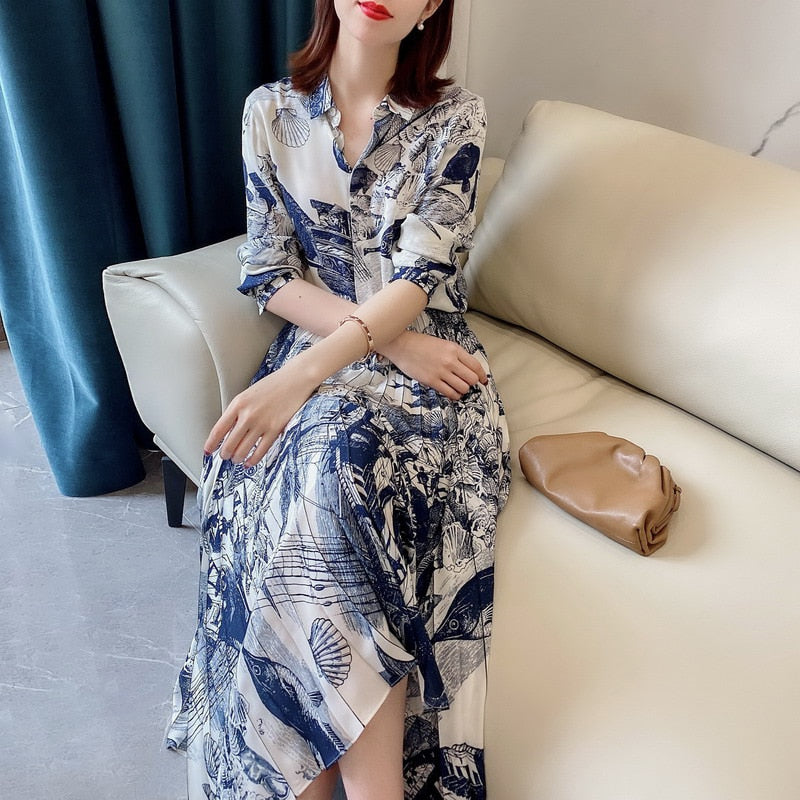 Long Dress Women's Spring Summer Blue White Porcelain Dress Printing Slim Dress Short Sleeves Dress KilyClothing