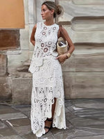 Crochet Knitted Asymmetric Women's Dress Set Chic O-neck Sleeveless Top Short Lining Skirt Suit KilyClothing