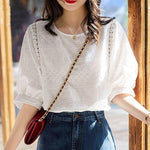 Embroidery Cotton Lace O-neck Casual Blouses= Korean  Sleeve Loose KilyClothing