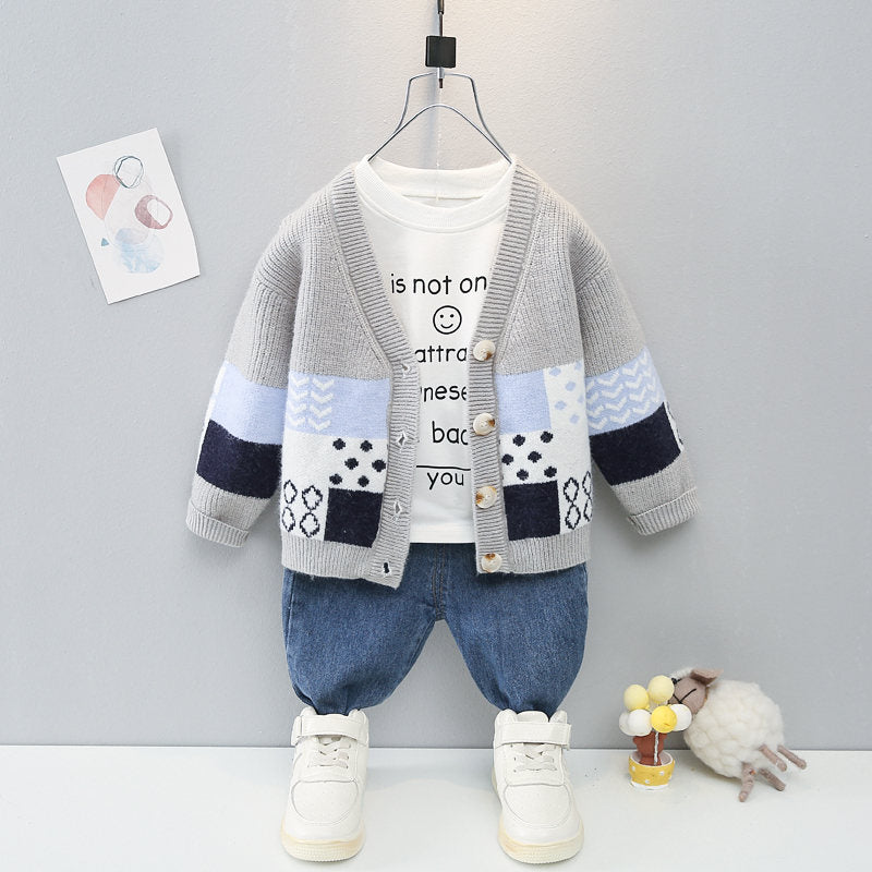 Boys Girls Kids Patchwork Coat Smile T-shirt Pants Jeans 3Pcs/Sets KilyClothing