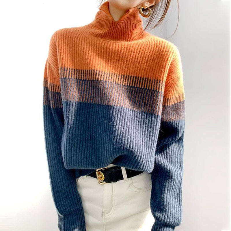 Fashion Korean Contrasting Colors Patchwork Sweaters / Casual Vintage Turtleneck Knitted Jumpers KilyClothing