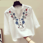 Cotton White Blouse Elegant Embroidery V-Neck Shirts KilyClothing