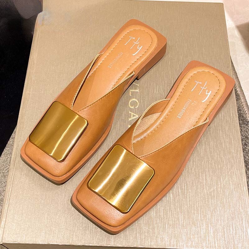 Slippers Fashion Metal Buckle Mules Flat Heels Square Toe Shallow Shoes Outdoor Slide Female Casual Sandal KilyClothing