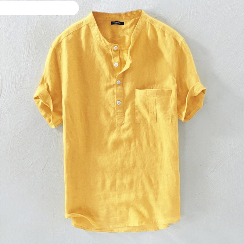 Casual Men Shirts Stand Collar Solid Cotton Blouse Short Sleeve Streetwear KilyClothing