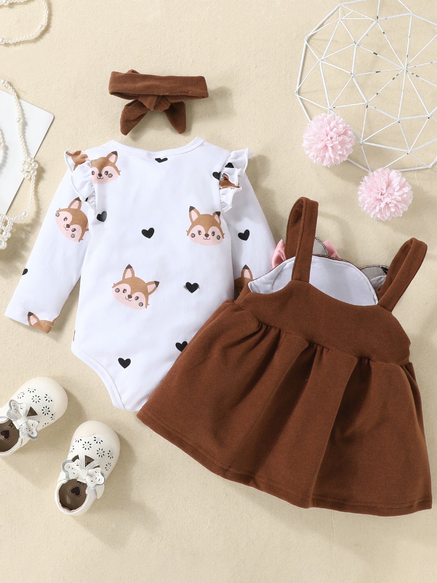 Cute Squirrel Print Long Sleeves Romper and Suspender Skirt Headband Fall Outfits KilyClothing