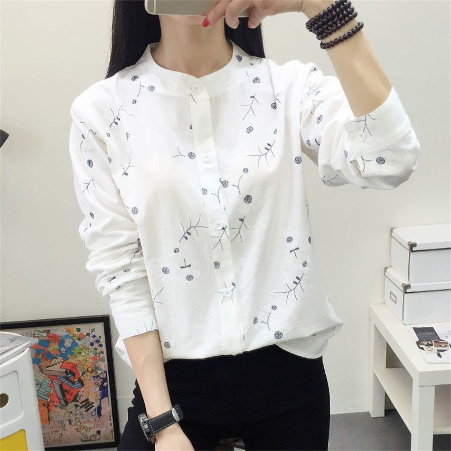 Embroidery Cotton and Linen Blouses Shirts  Casual Stand Collor Long Sleeve KilyClothing