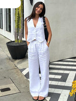 White Linen Two Piece Set Sleeveless Tank Top New In Matching High Waist Wide Pants Set KilyClothing