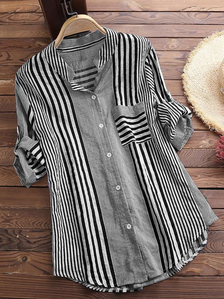 Cotton Linen Long Sleeves Roll Up Striped Casual V Neck Button Down Shirts Blouses Collar Tunic Tops KilyClothing