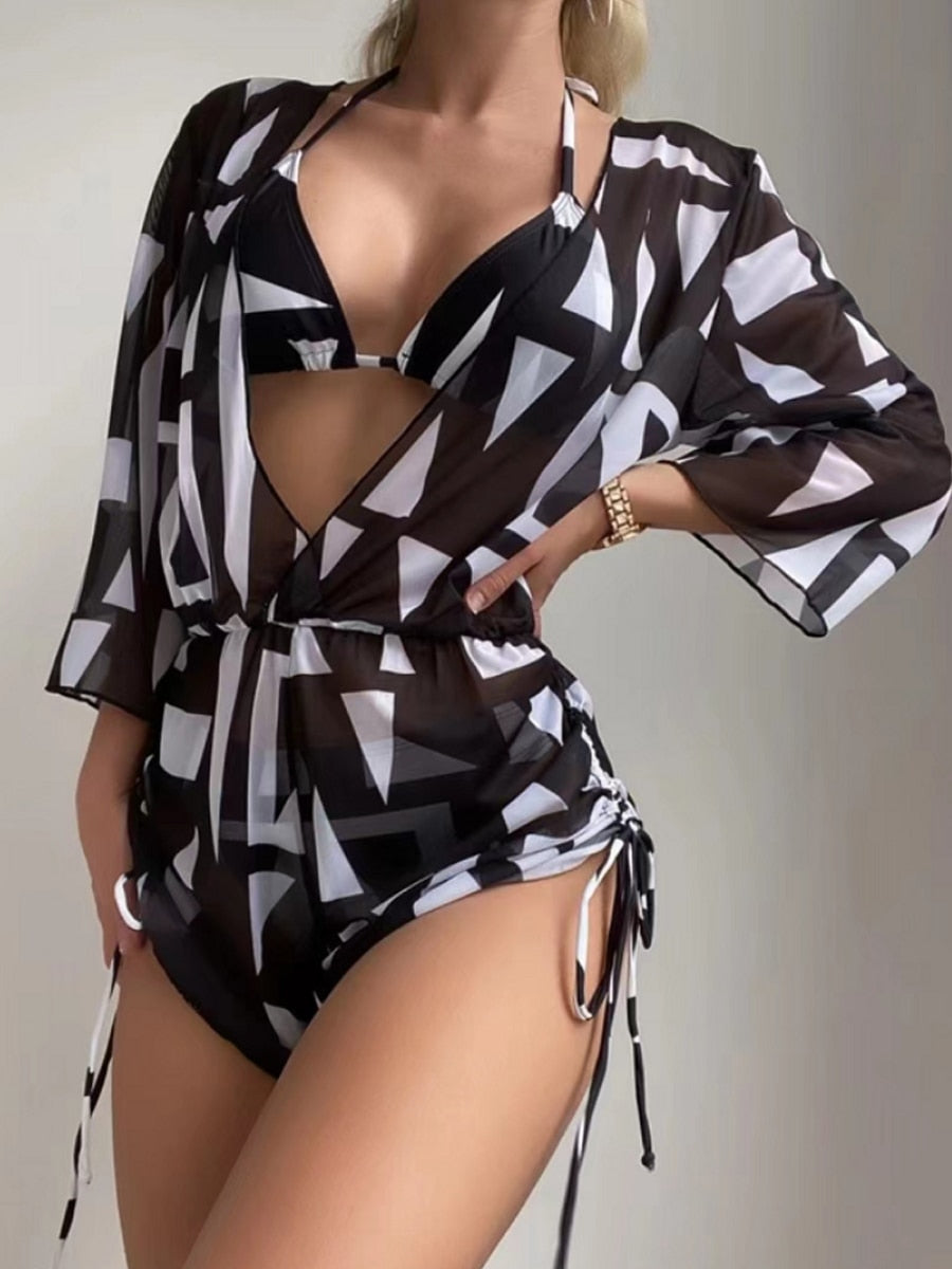 3 pieces Halter Bikini Tropical Print Swimsuits KilyClothing