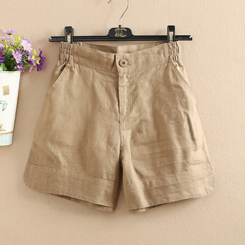 Loose Shorts Cotton Linen Solid Color Wide Leg High Waisted KilyClothing