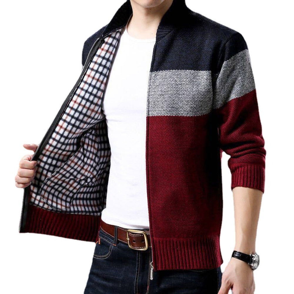 Cardigan Single-Breasted Fashion Knit  Plus Size Sweater Stitching Colorblock Stand Collar KilyClothing
