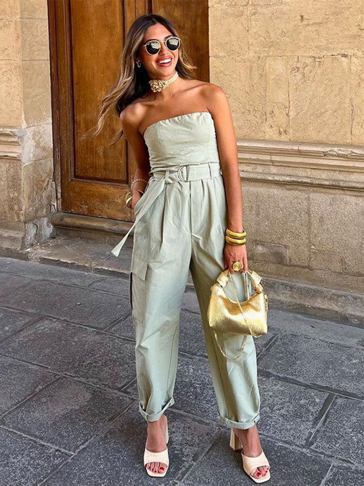 Strapless Jumpsuits With Belt Sexy Solid Sleeveless Wrapped Chest KilyClothing