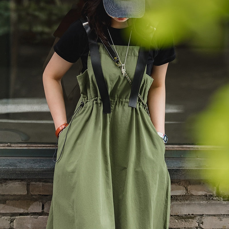 Army Green Strap Dress for Women Suspender Long Skirt Adjustable Loose Vintage Style KilyClothing